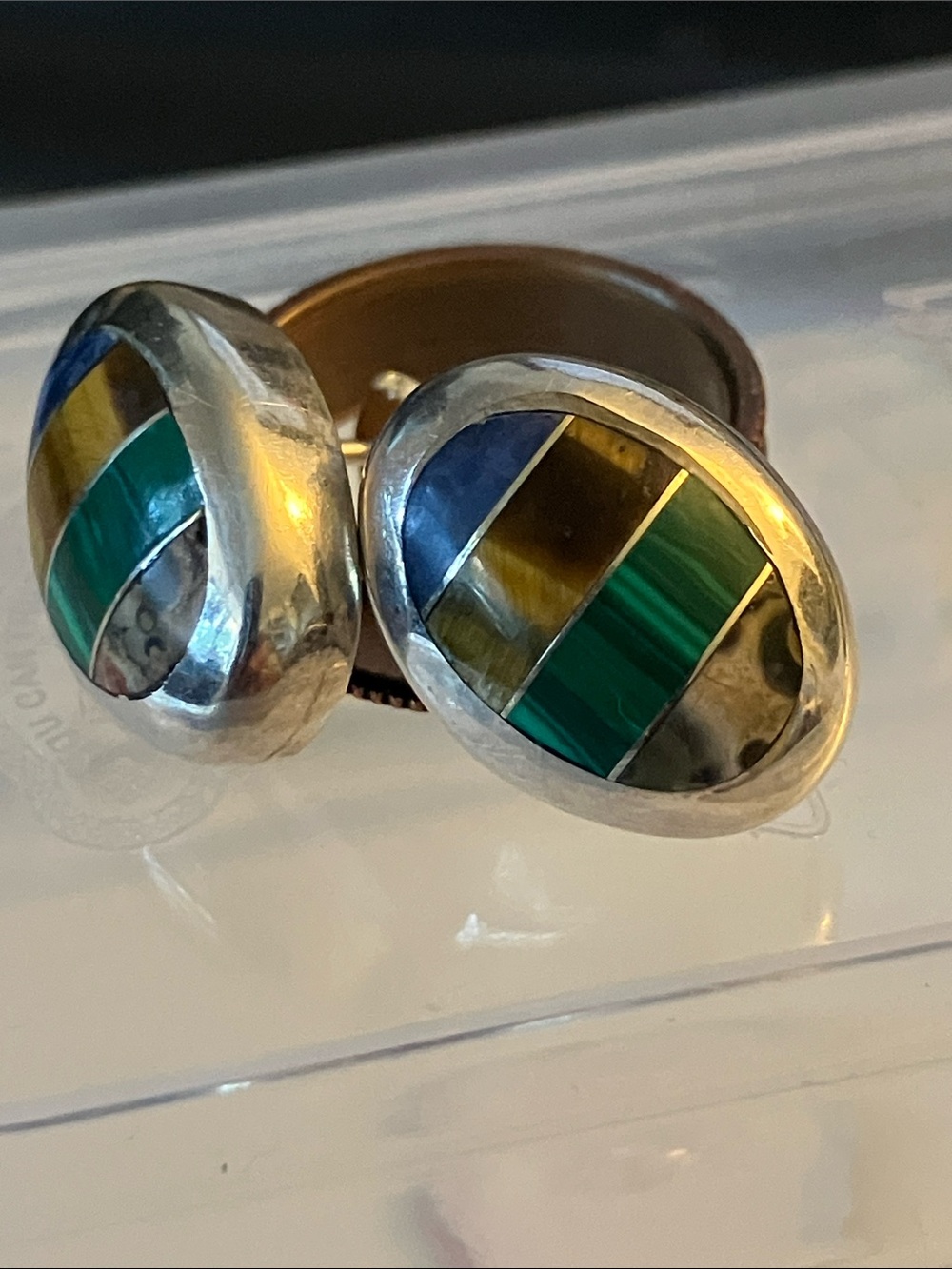 Oval Inlay Sterling Silver Post Earrings in Malachite, Tiger Eye and Lapis
